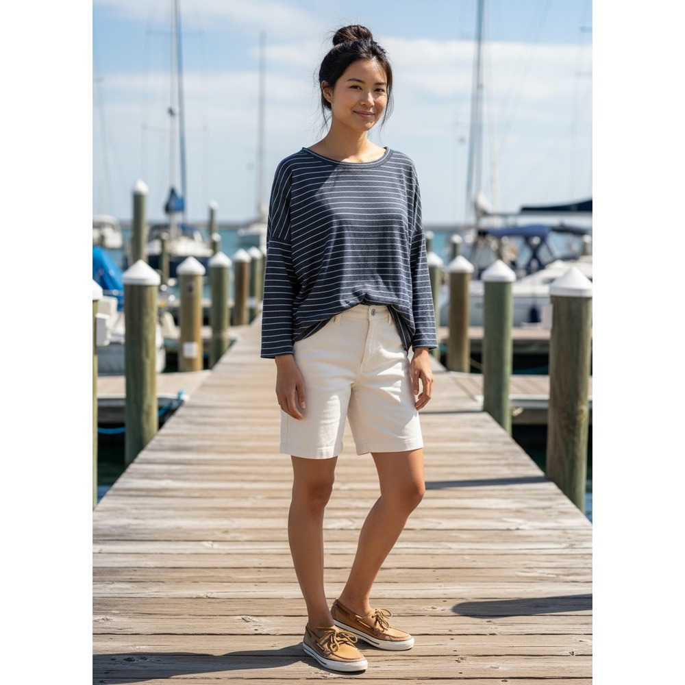 Nautical SZ Small. Navy White Stripe 3/4 Sleeve Henley. Oversized Coastal‎ Sail.